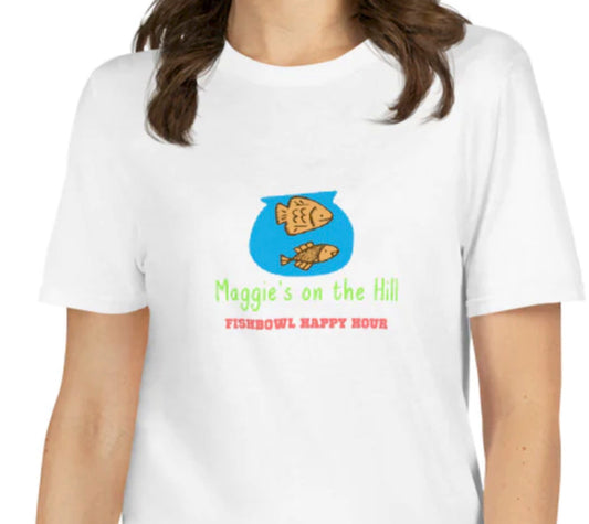 White unisex tee shirt for men and women with "Fishbowl Happy Hour" graphic in the center