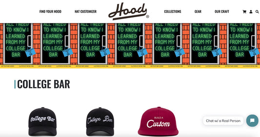 Top shelf embroidered black hats that say "College Bar"
