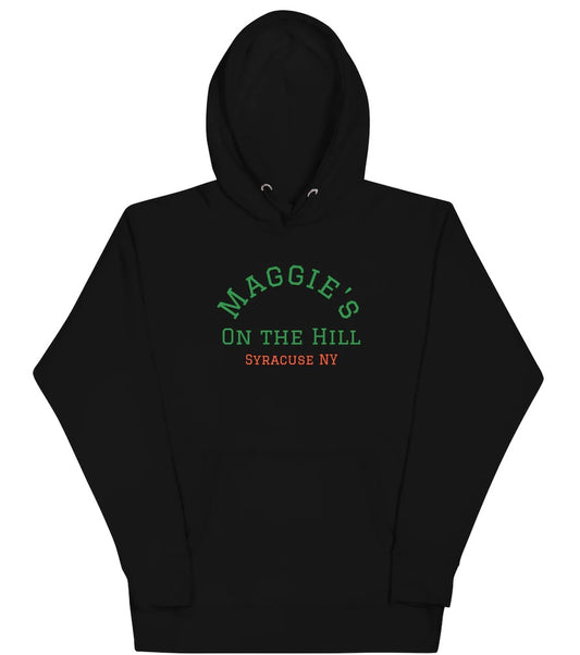Black hooded sweatshirt that says "Maggie's on the Hill - Syracuse NY""