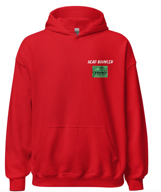 Red sweatshirt hoodie sweatshirt with bar logo and says "Head Bouncer"