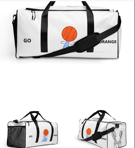White duffle gym bag covered in graphics, including: Basketball, boxing gloves, toothbrush...