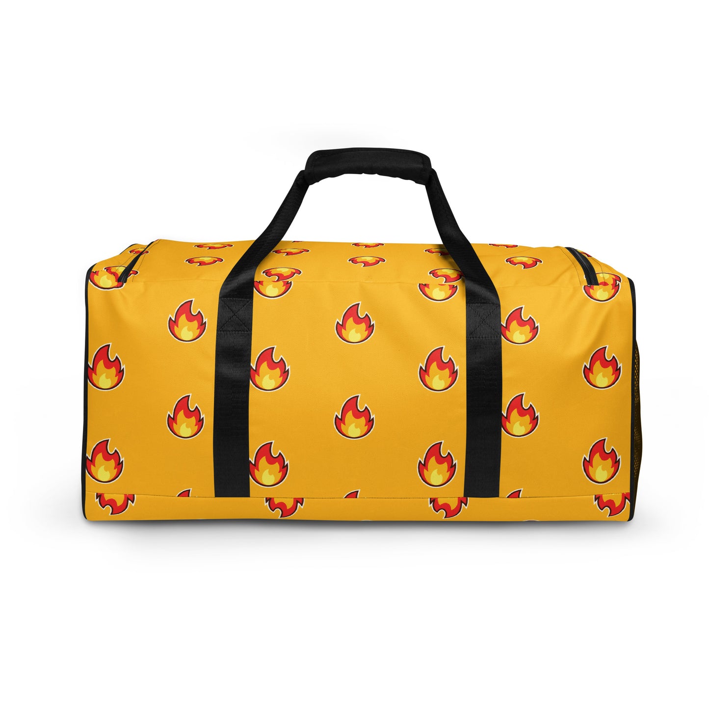 Yellow-gold duffle bag with "fire" emoji design all over it. Black handles.