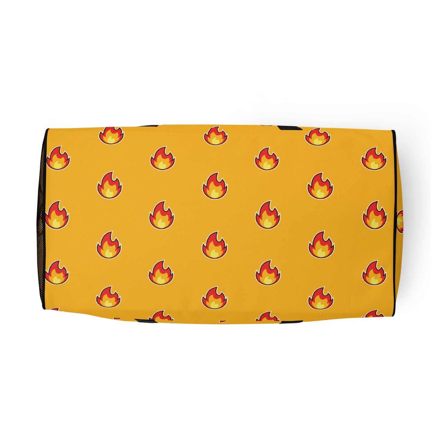 Yellow gold duffle bag with "fire" emoji design all over it. Black handles and straps. Fire!