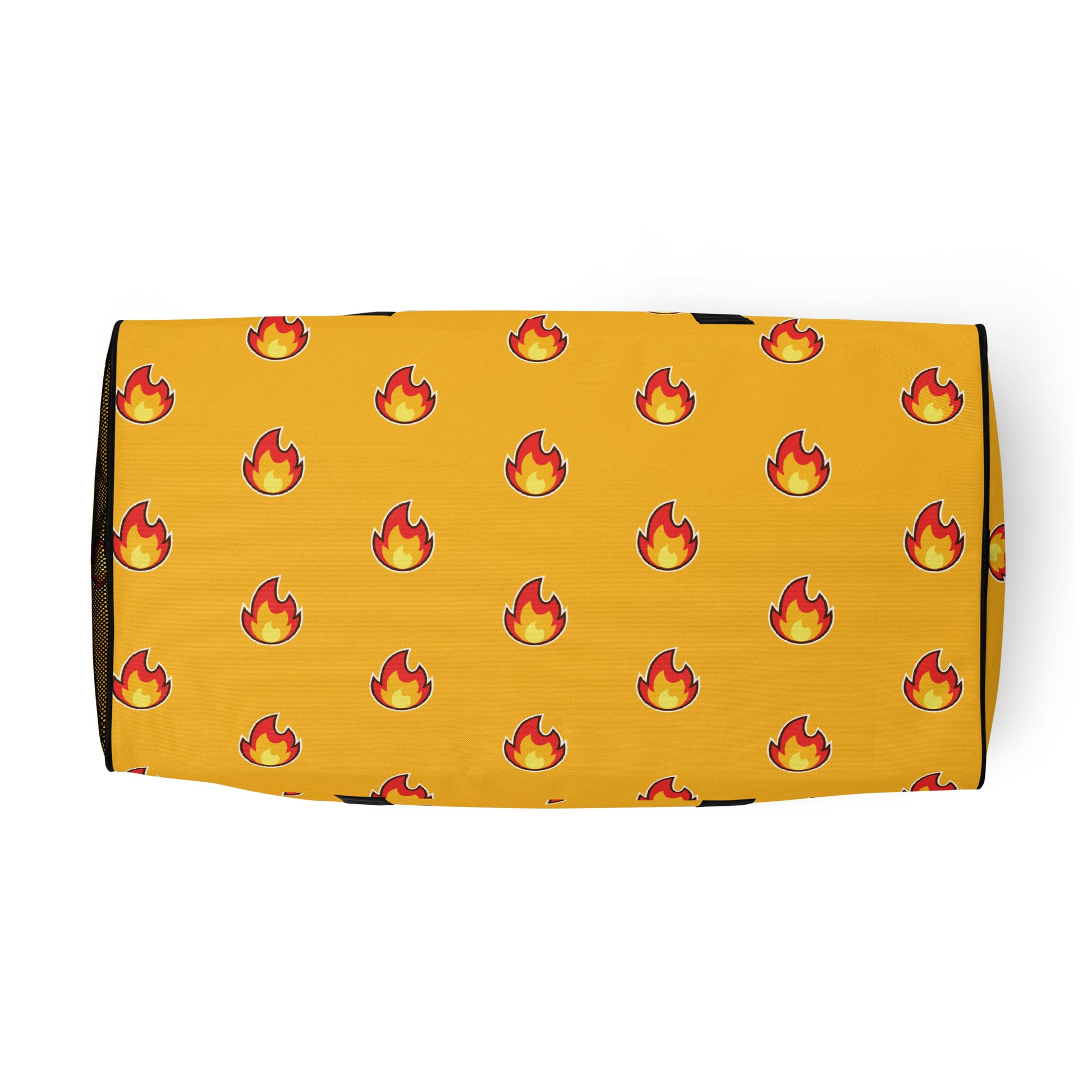 Yellow gold duffle bag with "fire" emoji design all over it. Black handles and straps.  Fire!