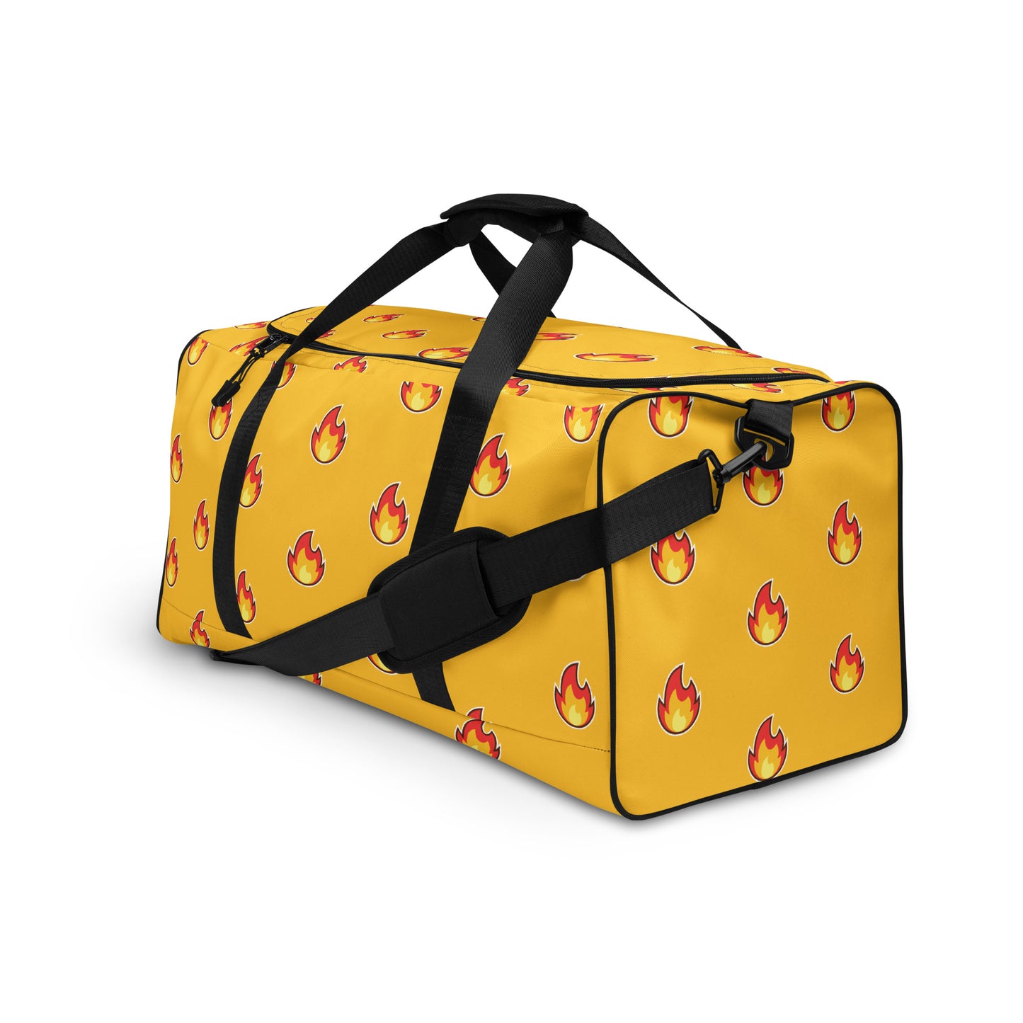 Yellow gold travel bag with "fire" emoji design. Black handles