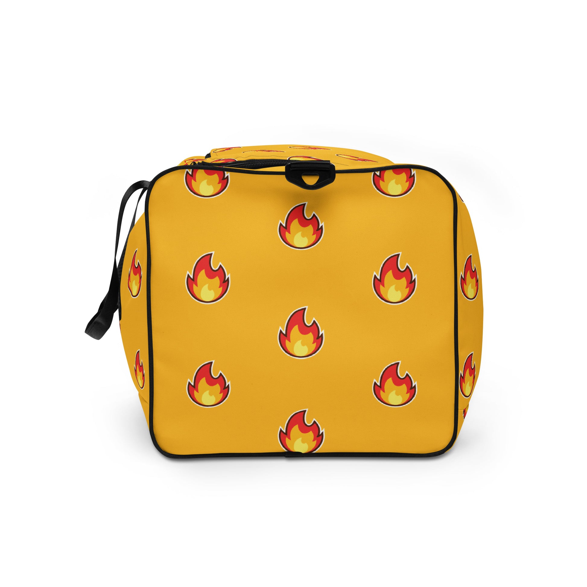 Classy yellow gold top-shelf duffle bag with "fire" emoji design all over it. Black handles and strap make colors pop.
