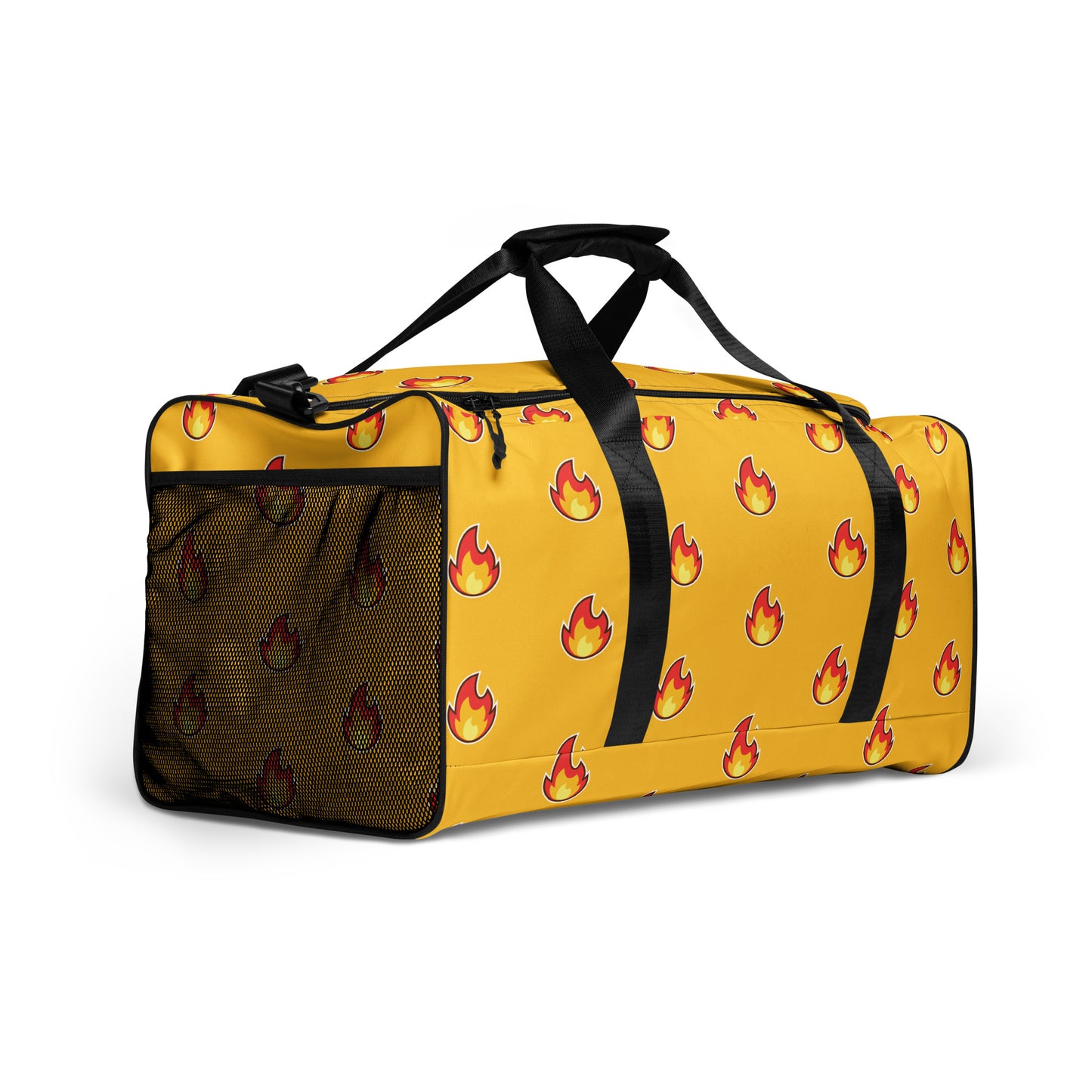 Yellow gold gym bag with "fire" emoji design all over it. Black handles.