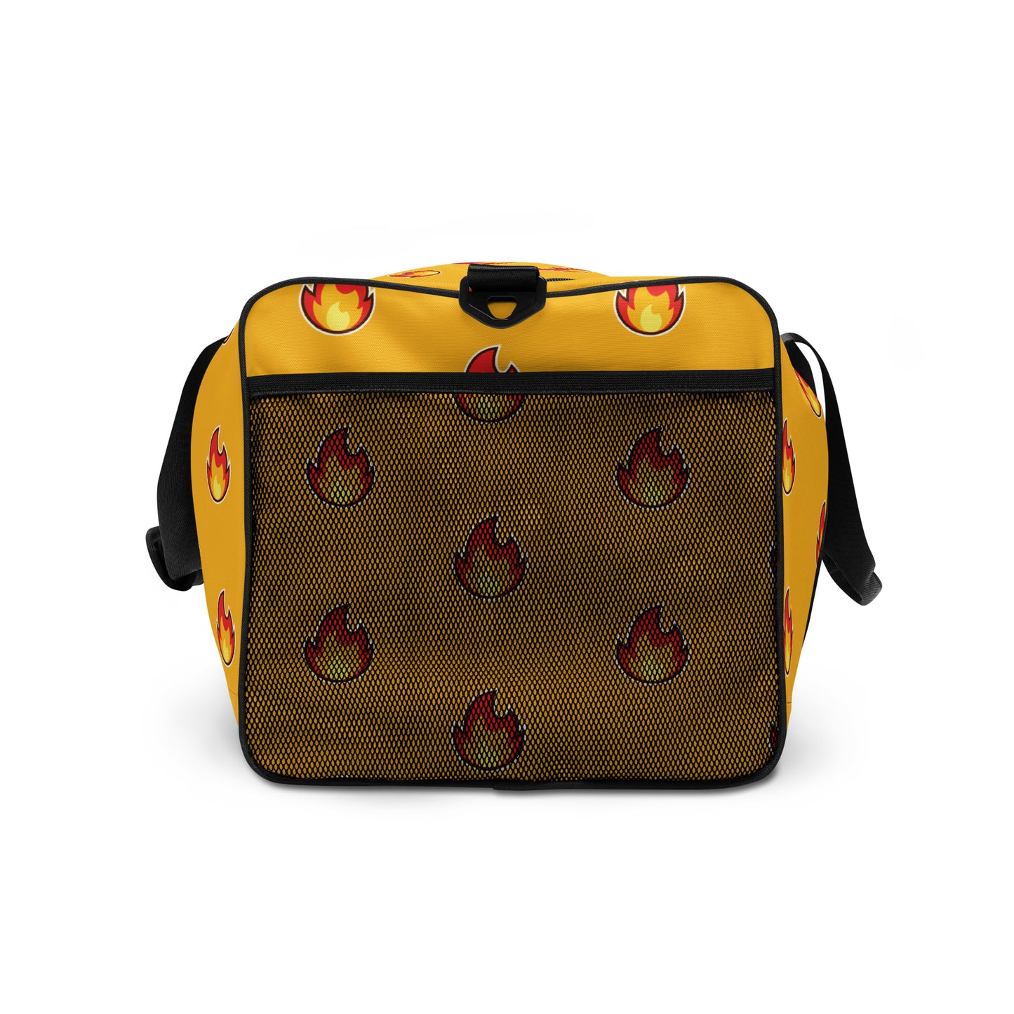 Yellow-gold unique graphic duffle bag with "fire" emoji design all over it. Black handles and strap make colors pop.