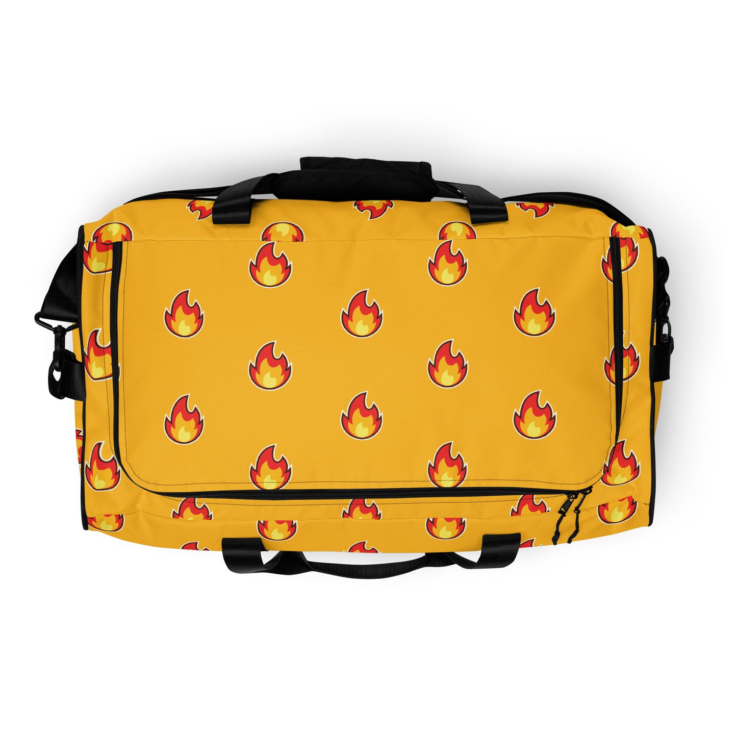 Carry-on travel bag with "fire" emoji design all over it. Black handles and strap make colors pop.