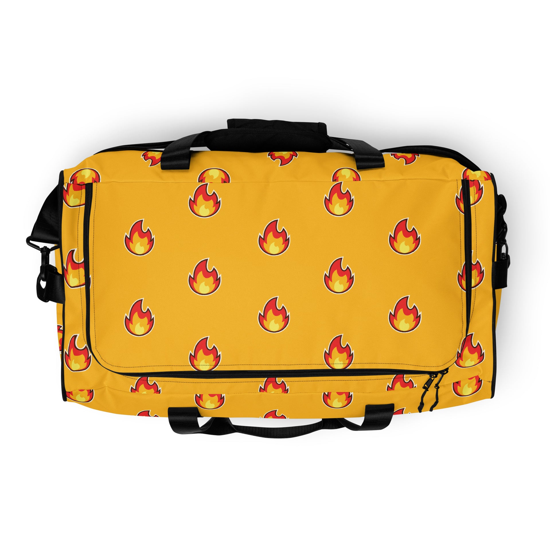 Carry-on travel bag with "fire" emoji design all over it. Black handles and strap make colors pop.