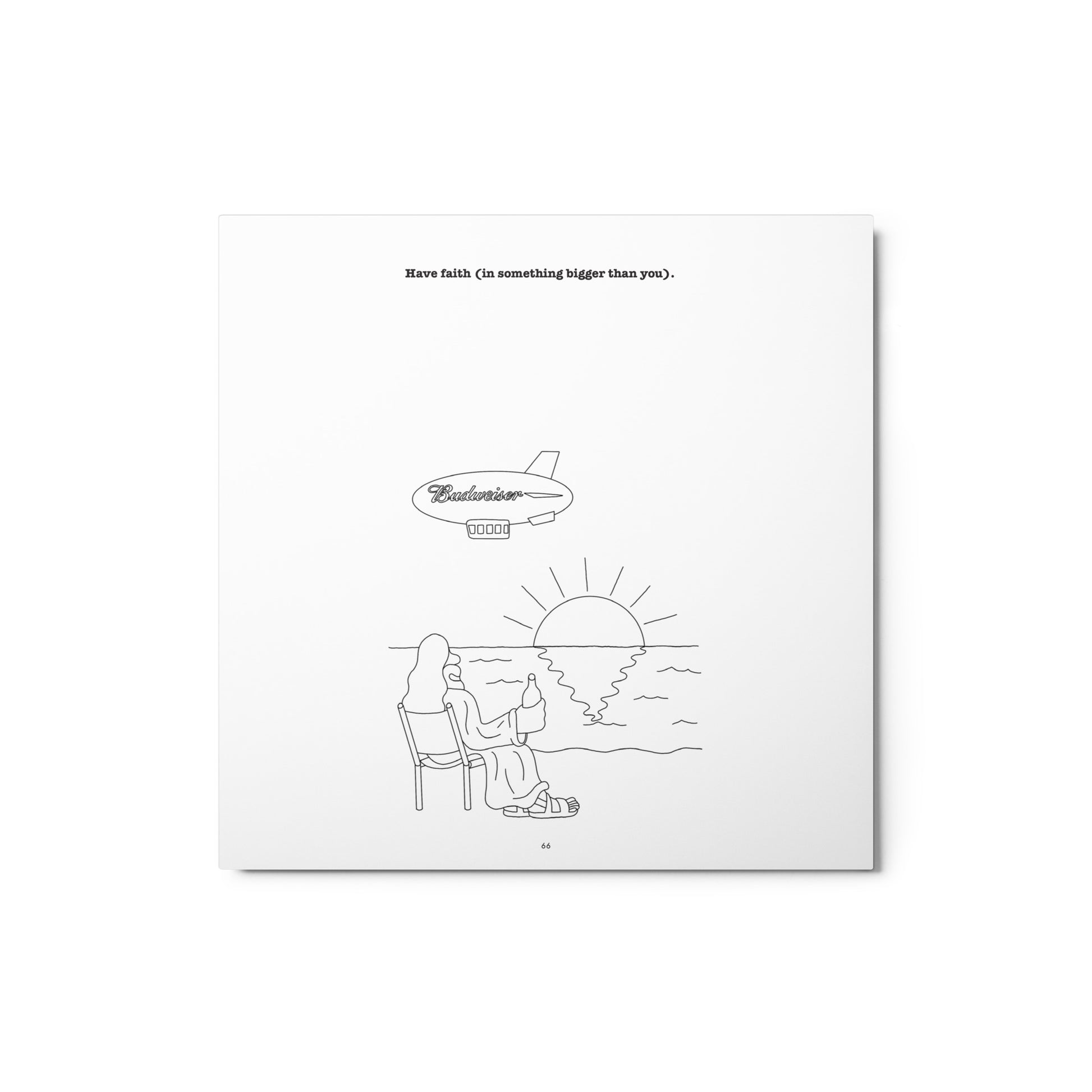 Illustration of a sunrise, God, and a Budweiser blimp