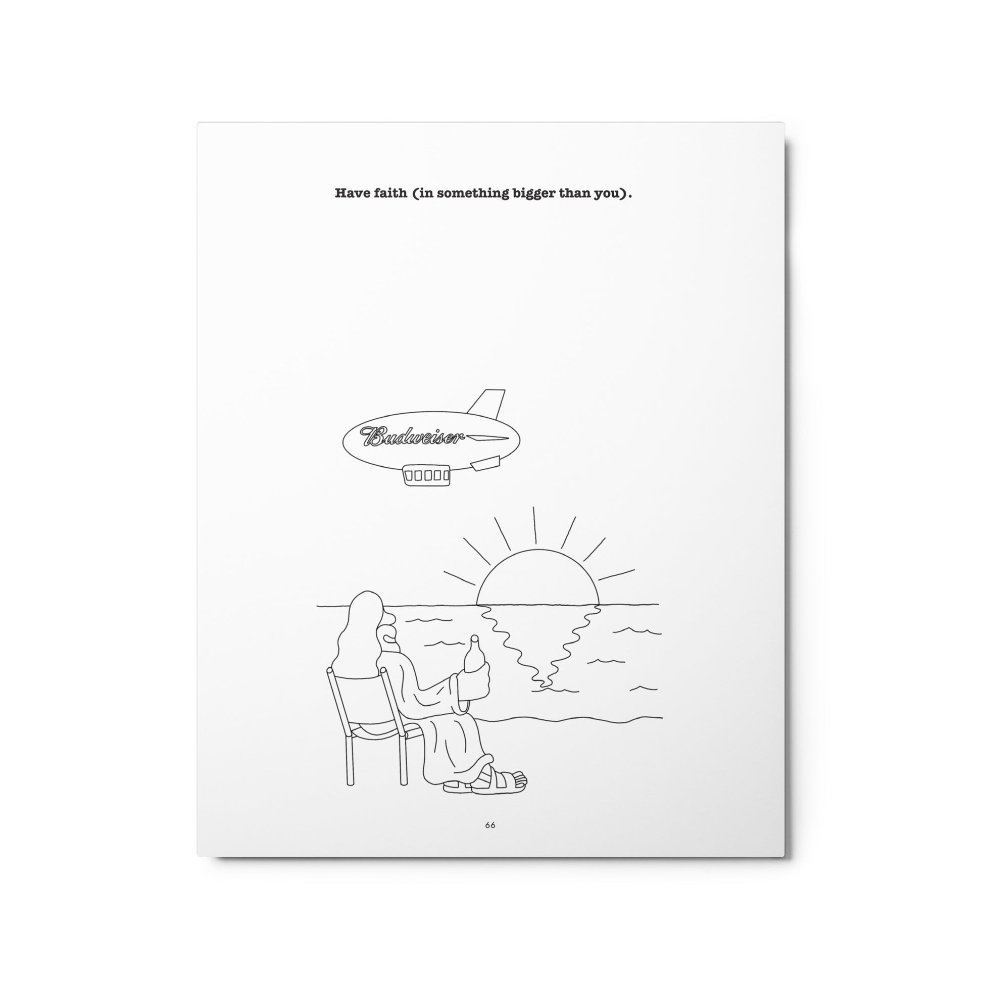 The New Yorker's Antonio Pinna's illustration of a sunrise, God, and a Budweiser blimp that says 'Have faith'