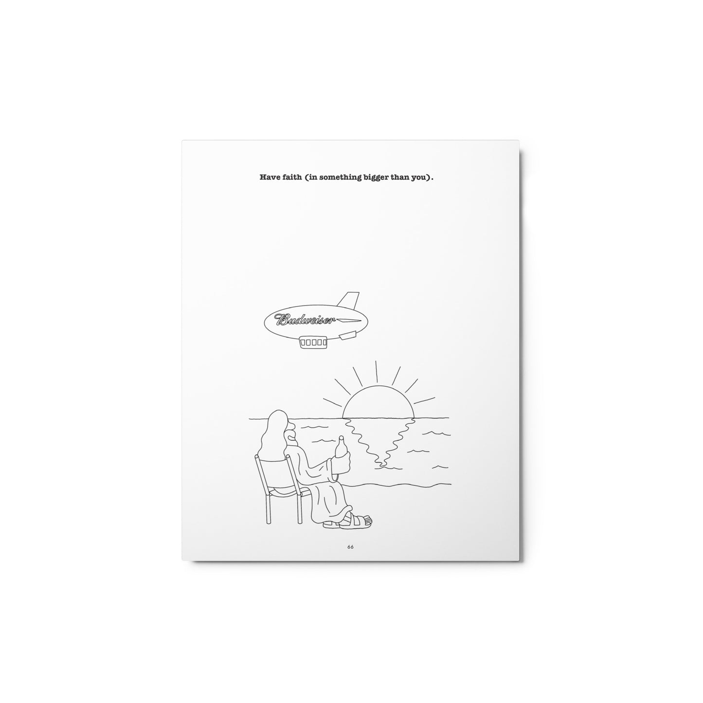Illustration of a sunrise, God, and a Budweiser blimp that says 'Have faith'