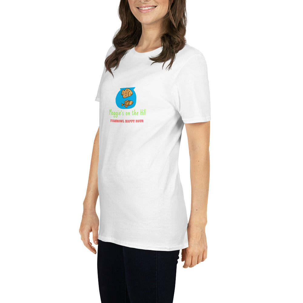 White unisex tee with a blue fishbowl, two fish and says 'Maggie's- Fishbowl Happy Hour'