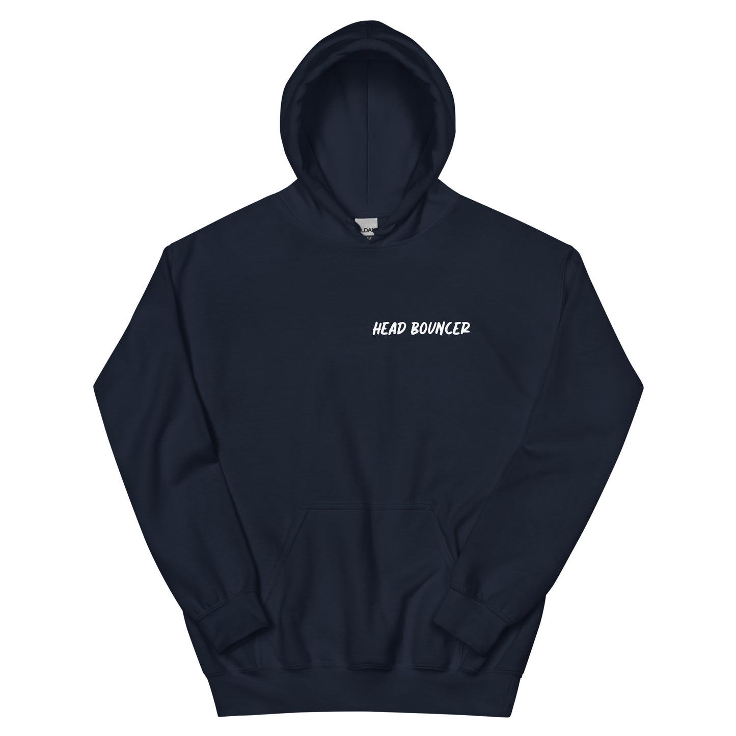Navy sweatshirt hoodie that says 'Head Bouncer'
