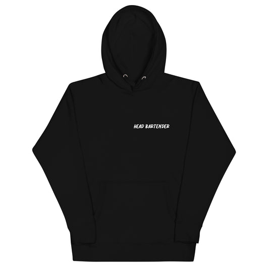 Black unisex hoodie says "Head Bartender"