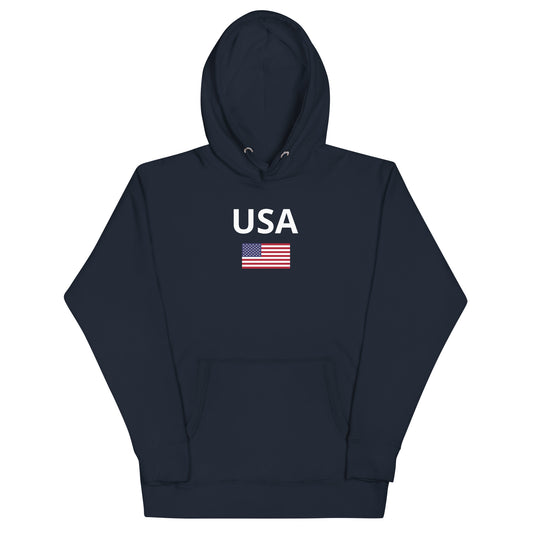 Navy blue unisex hoodie sweatshirt says 'USA' and has a US flag