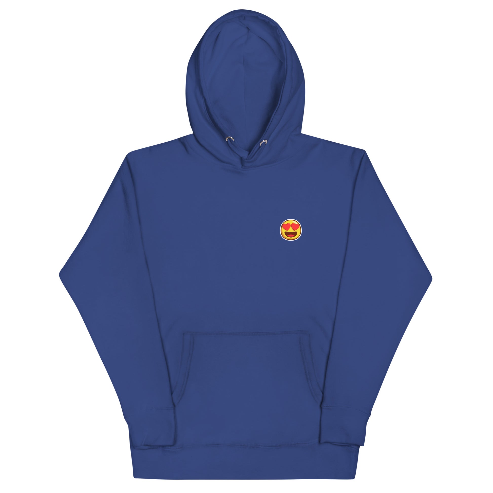 Blue hangover sweatshirt hoodie with happy face graphic with hearts for eyes over left chest.