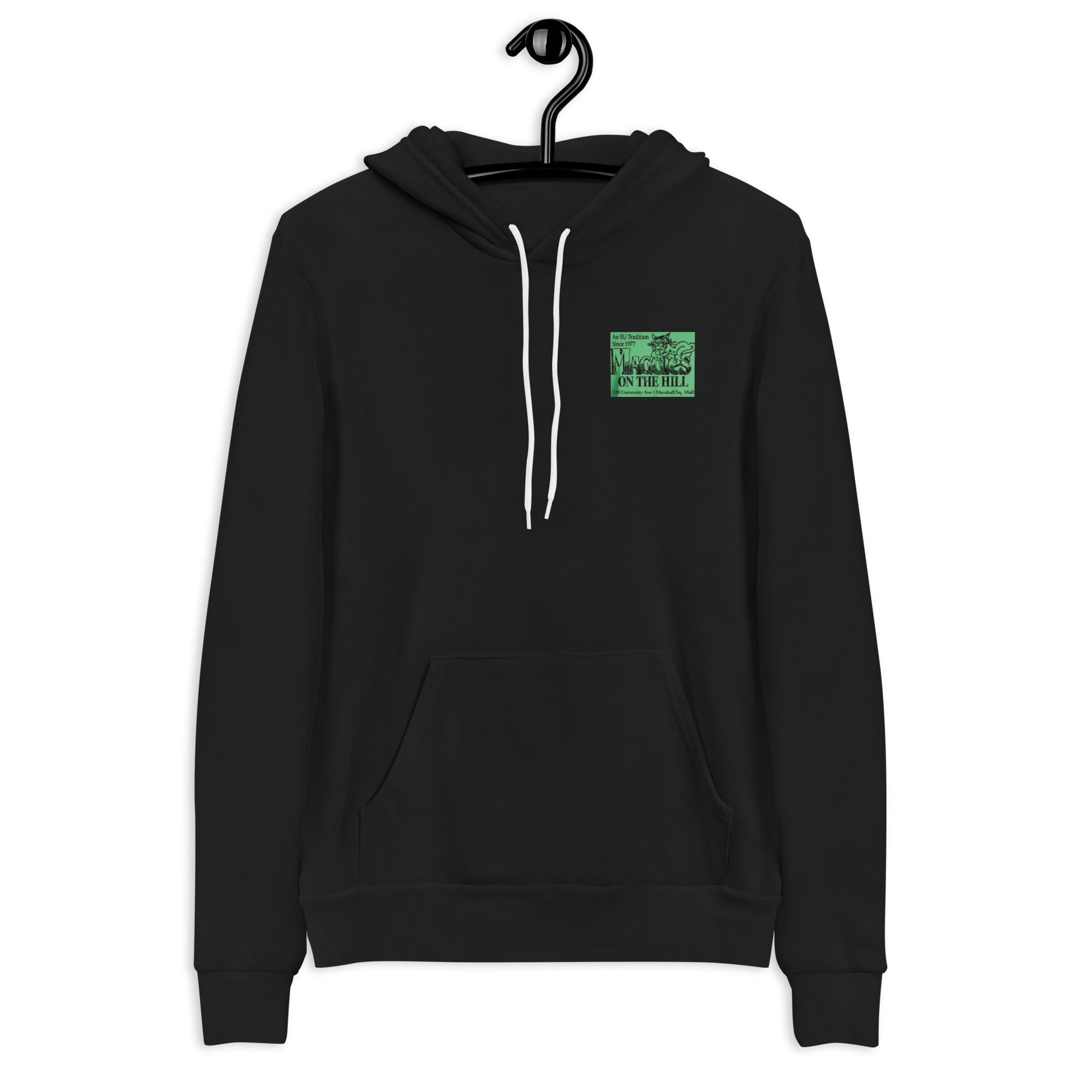 Black fleece blend unisex hoodie that says 'Maggie's on the Hill'