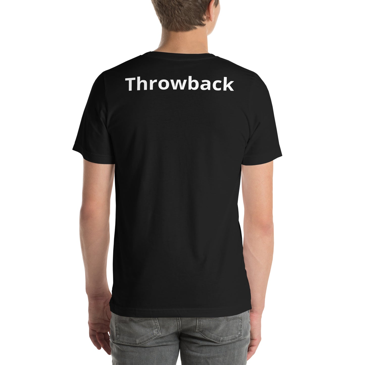 "Throwback" on the back of this black unisex short sleeve graphic tee ...with a "Maggie's" logo on the front.