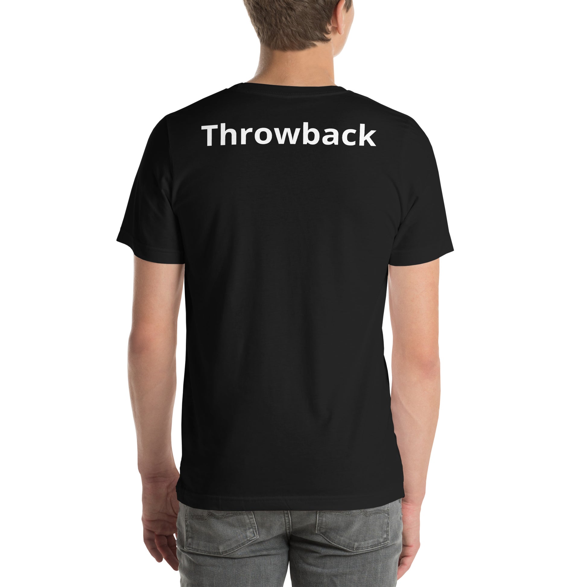 "Throwback" on the back of this black unisex short sleeve graphic tee ...with a "Maggie's" logo on the front.