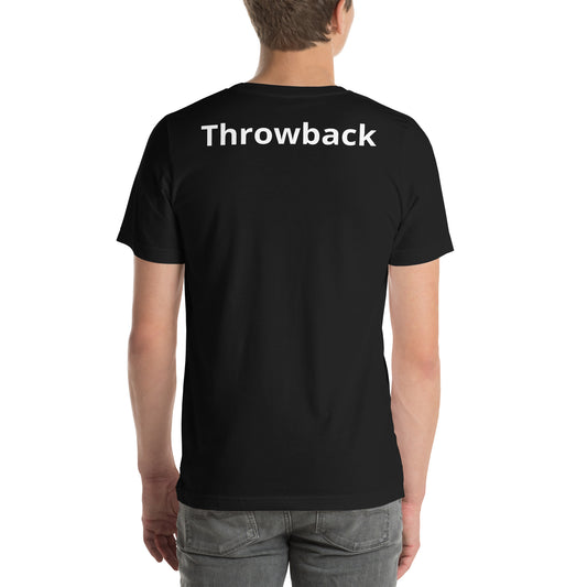 "Throwback" on the back of this black unisex short sleeve graphic tee ...with a "Maggie's" logo on the front.