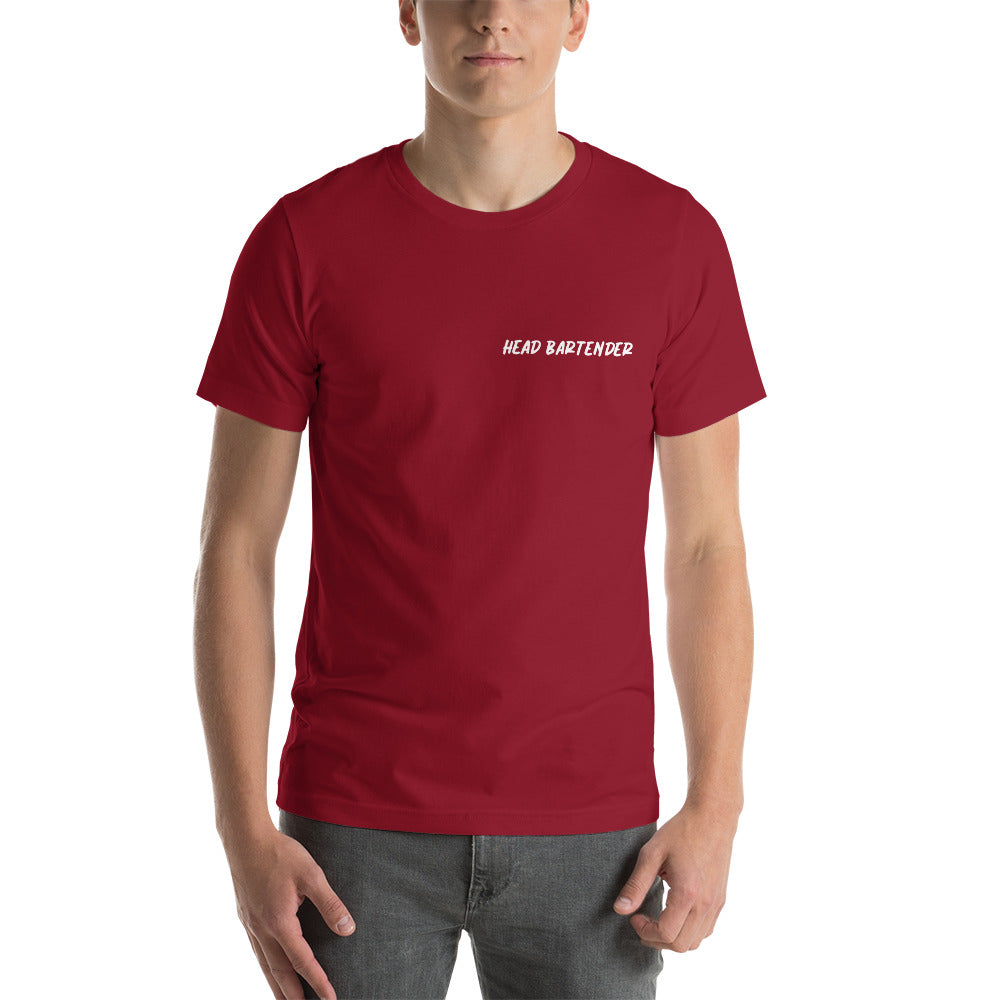 Cardinal red tee shirt that says 'Head Bartender"