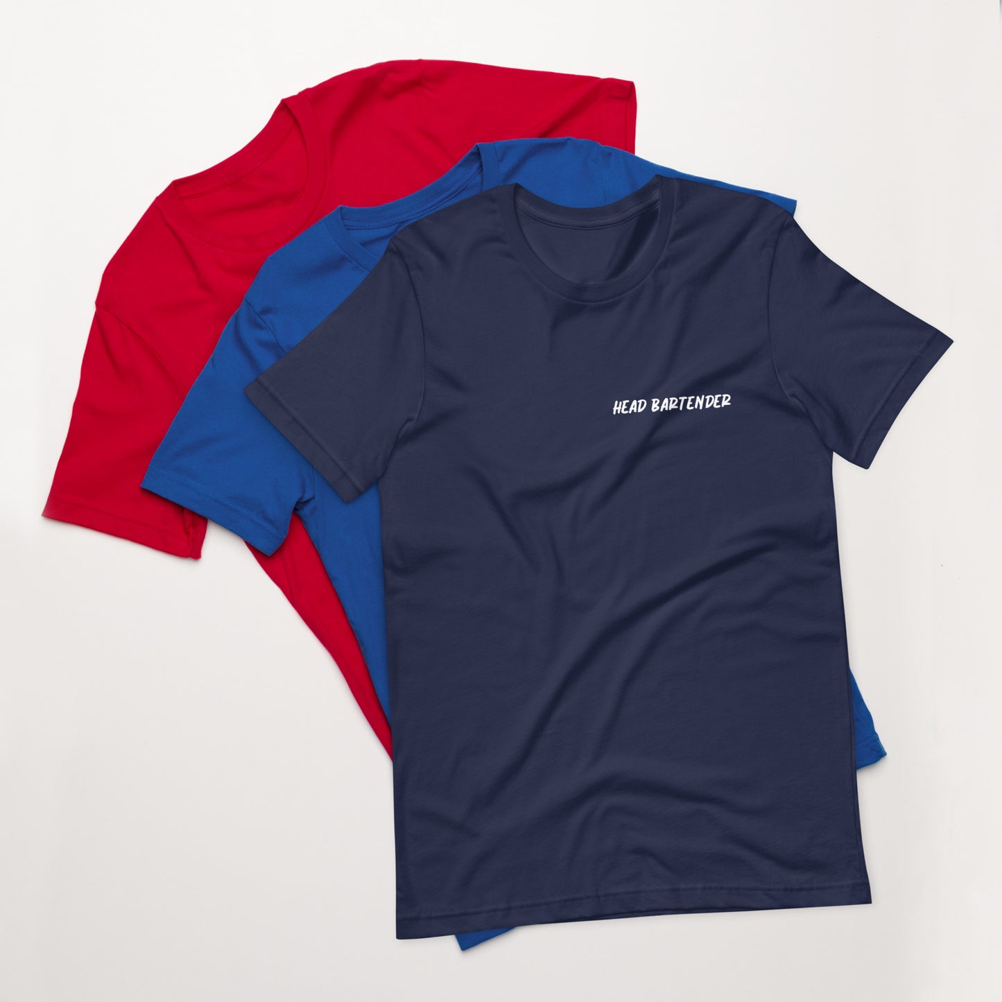 Various tee shirt colors that says 'Head Bartender"