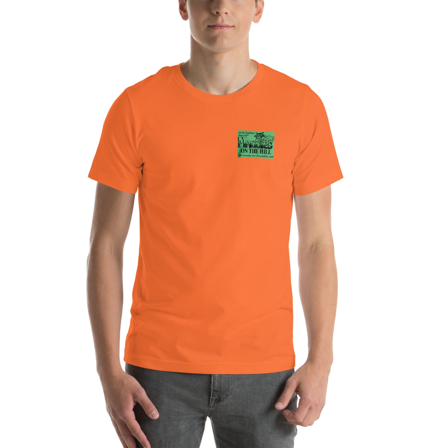 Orange T-shirt with "Maggie's" green and black logo on the front and "Throwback" on the back.