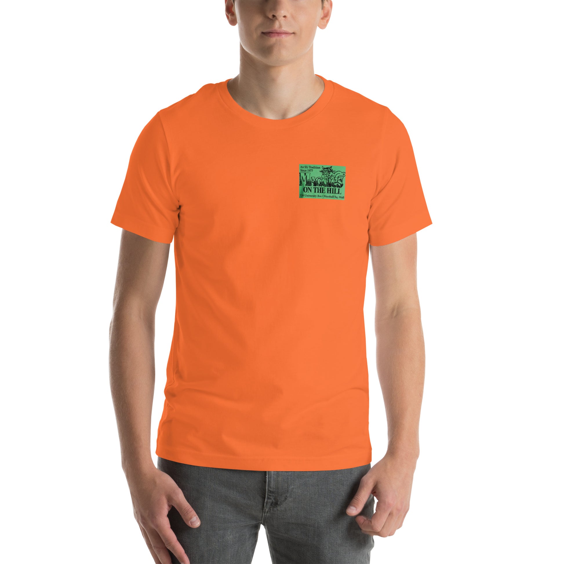 Orange T-shirt with "Maggie's" green and black logo on the front and "Throwback" on the back.