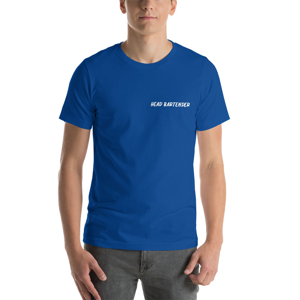 Royal blue tee shirt that says 'Head Bartender"