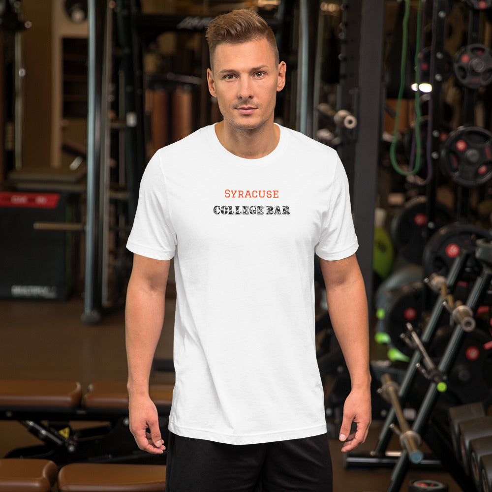 The best customized tee. White graphic tee shirt. College-casual. Syracuse, Buffalo, Boston, New York, Rhode Island, Italy... Camouflage font says "College Bar"