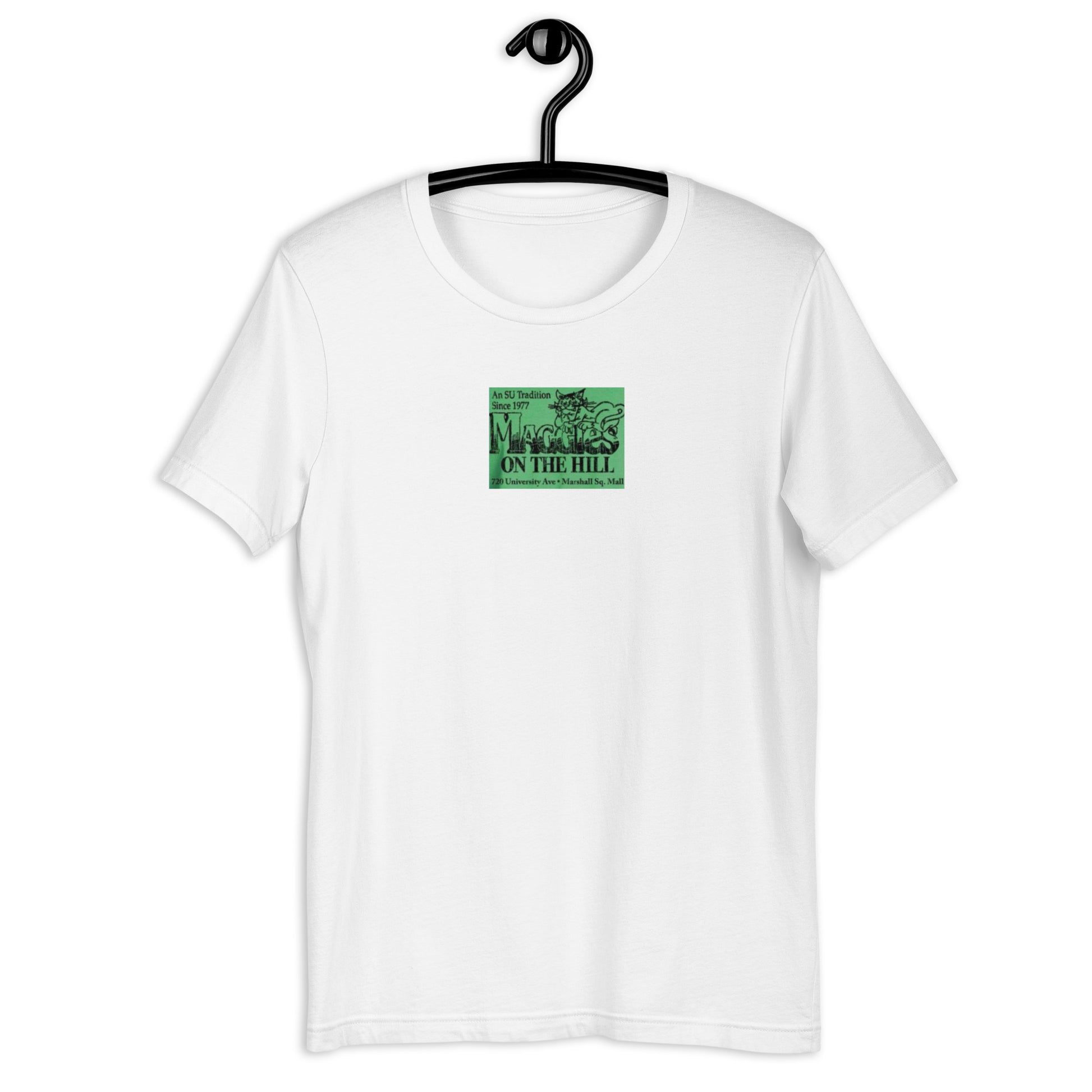 White graphic tee with vintage logo. College-casual.