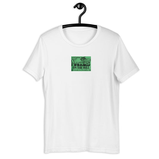 White graphic tee with vintage logo. College-casual.