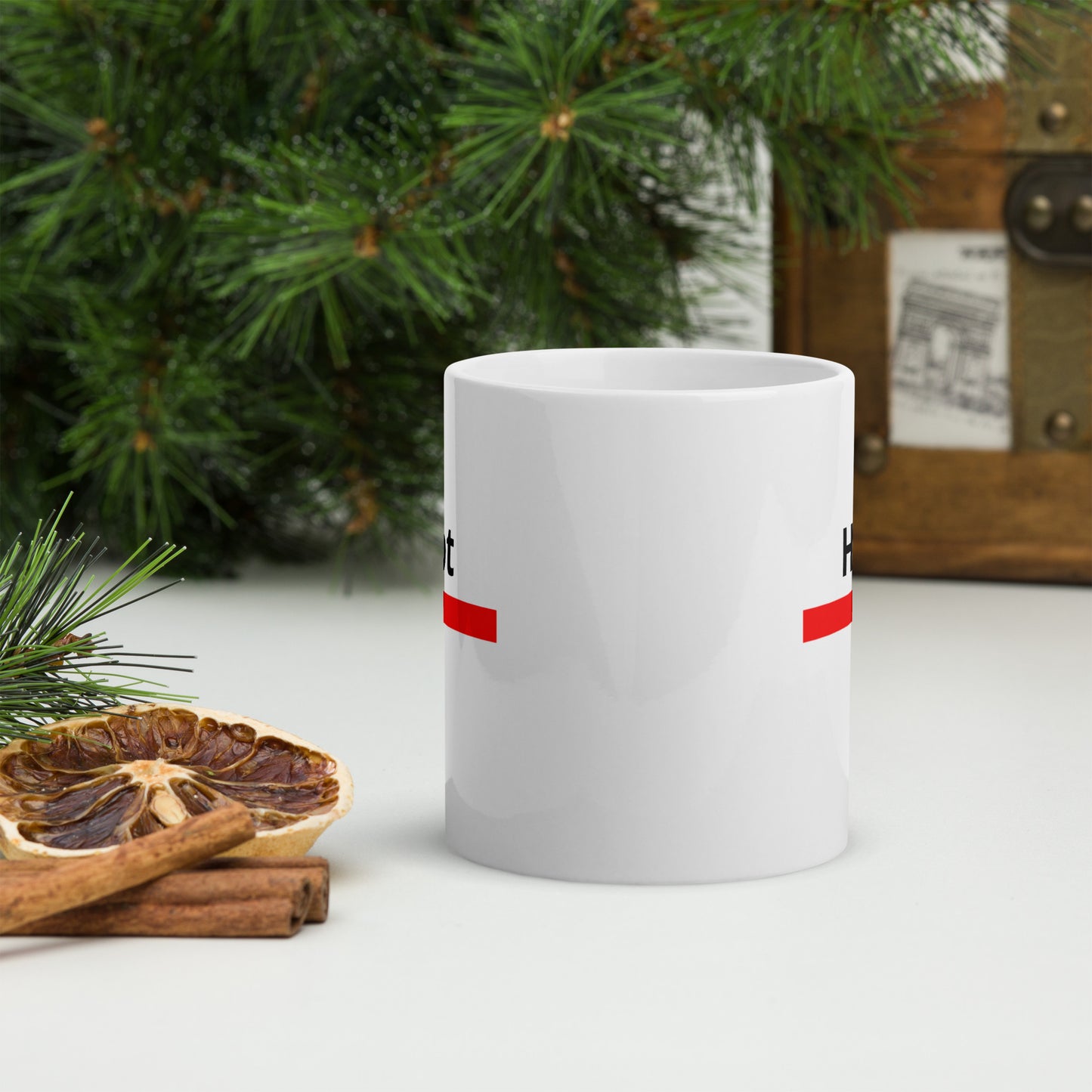 White mug that says 'Hot' on both sides