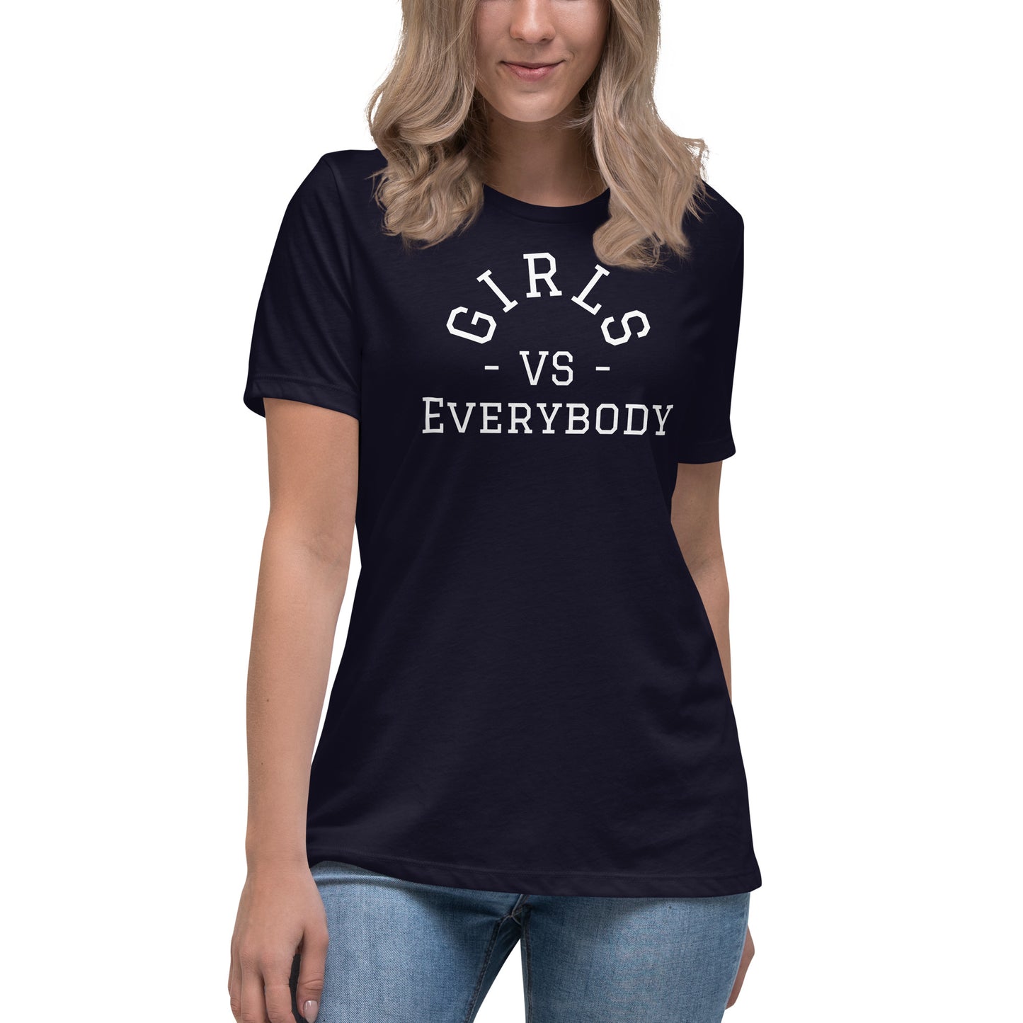 Best women's navy short sleeve graphic tee shirt that says "Girls VS Everybody"
