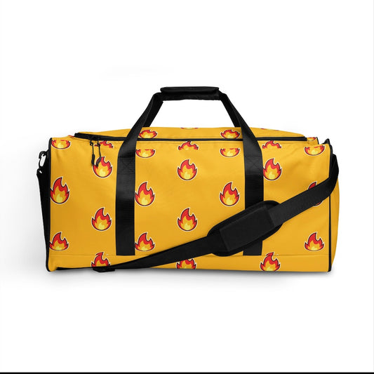 Gym bag with black handles with "fire" emoji graphic all over