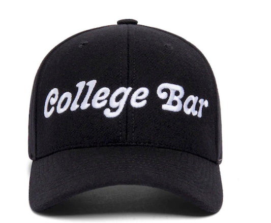 Black baseball cap hat that says "College Bar" in white embroidery