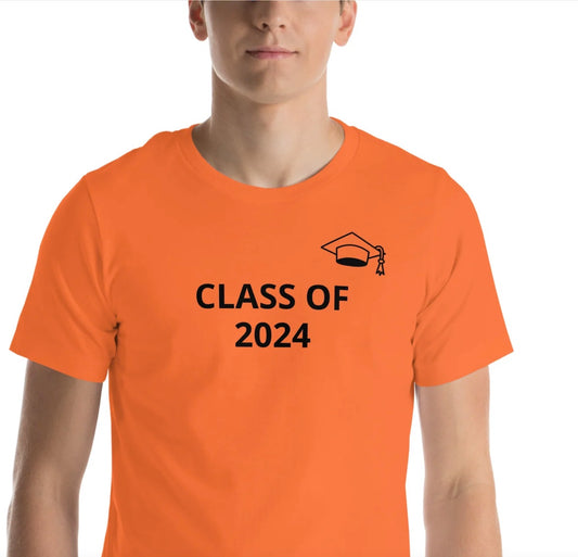 Orange short sleeve unisex tee shirt that says "Class of 2024"