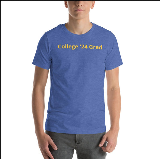 Royal blue t-shirt with "College '24 Grad" written in the center