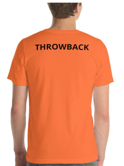 Orange graphic tee shirt that says "Throwback" on the back side of it