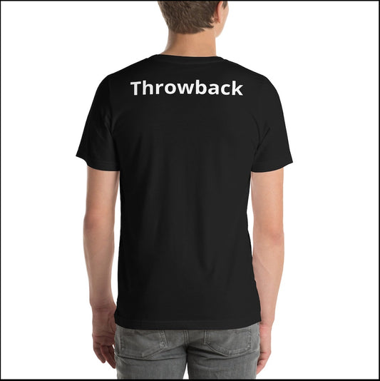 Black tee shirt for guys and girls that says "Throwback" on the back. FREE delivery