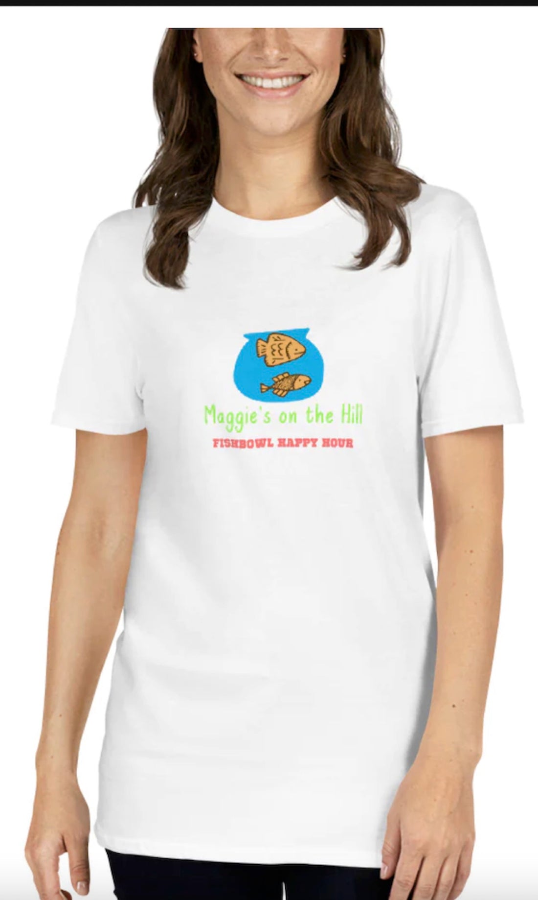 White Graphic College Bar Tee Shirt "Fishbowl Happy Hour"