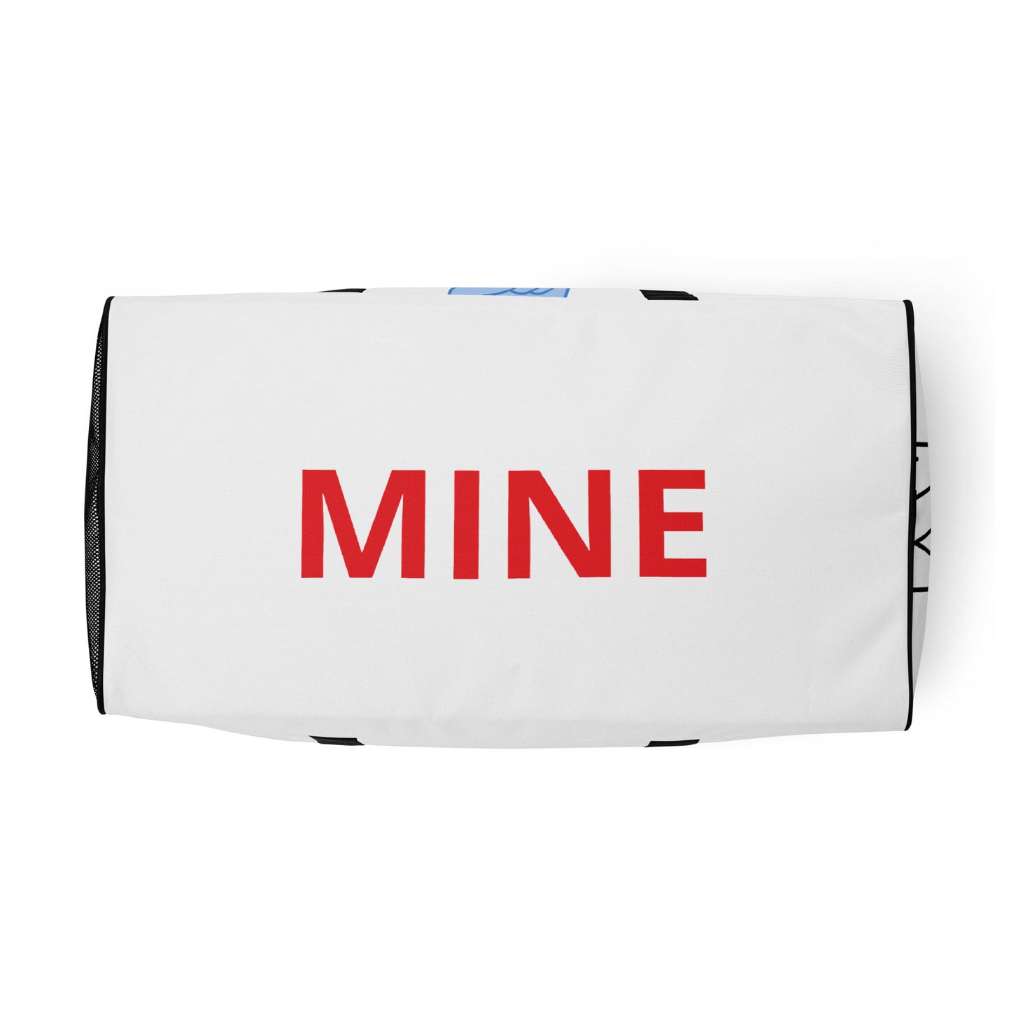 Bottom of the white duffle travel gym bag says "Mine" in red font