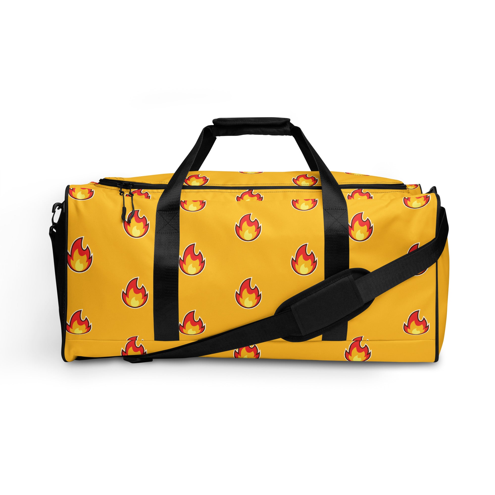 Yellow gold duffle bag with "fire" emoji design all over it. Black handles and strap make colors pop.