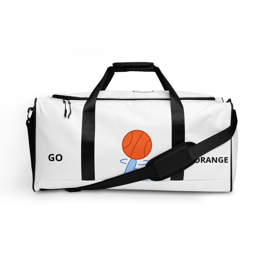 A white and black bag with black stitching and graphics of a basketball, toothbrush, boxing gloves and says "Go Orange"