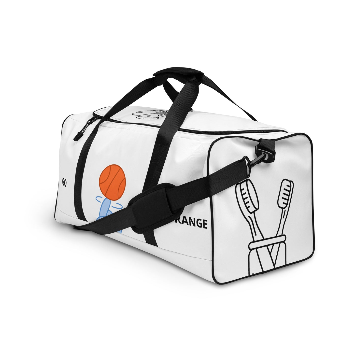 Graphics on the front of a duffle bag. Graphic is of a hand and a spinning basketball