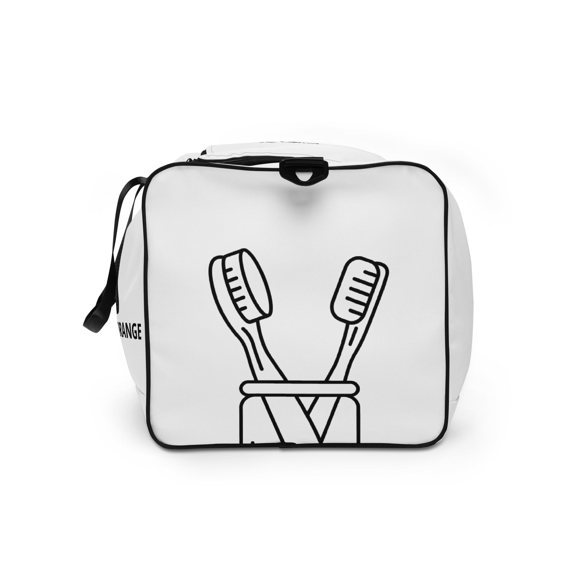 Toothbrush graphic on one side of a white and black travel bag