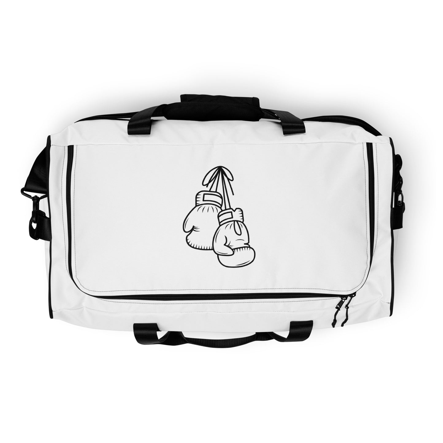 Gym bag with boxing gloves graphic on the top flap