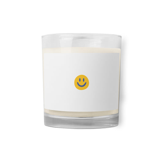 Unscented soy glass jar candle with yellow happy face in center